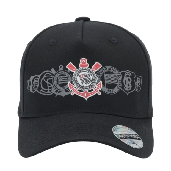 Boné Corinthians Supercap Aba Curva Preto Símbolos Oficial