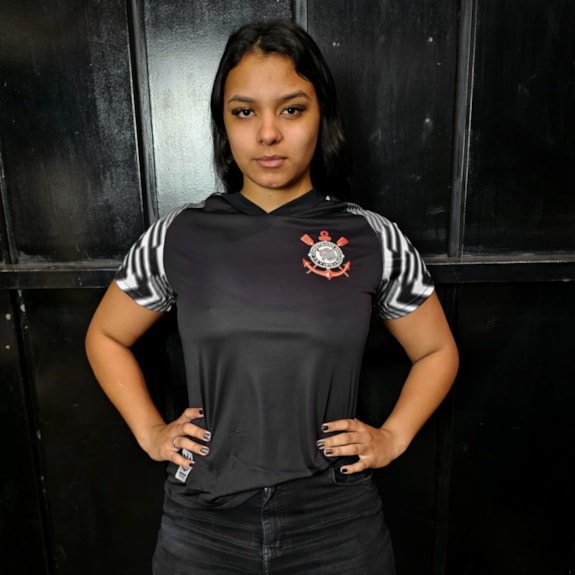 Camisa Corinthians Baby Look Lines Preta - Feminina