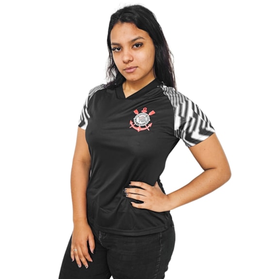 Camisa Corinthians Baby Look Lines Preta - Feminina