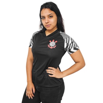 Camisa Corinthians Baby Look Lines Preta - Feminina