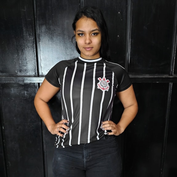 Camisa Corinthians Baby Look Listrada Recortes - Feminina