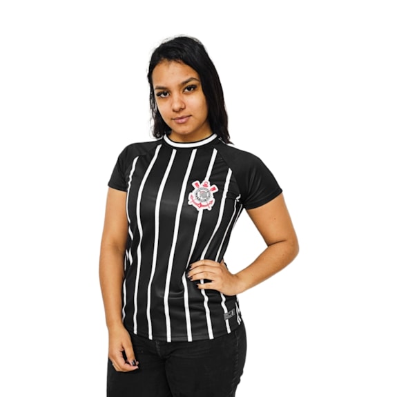 Camisa Corinthians Baby Look Listrada Recortes - Feminina