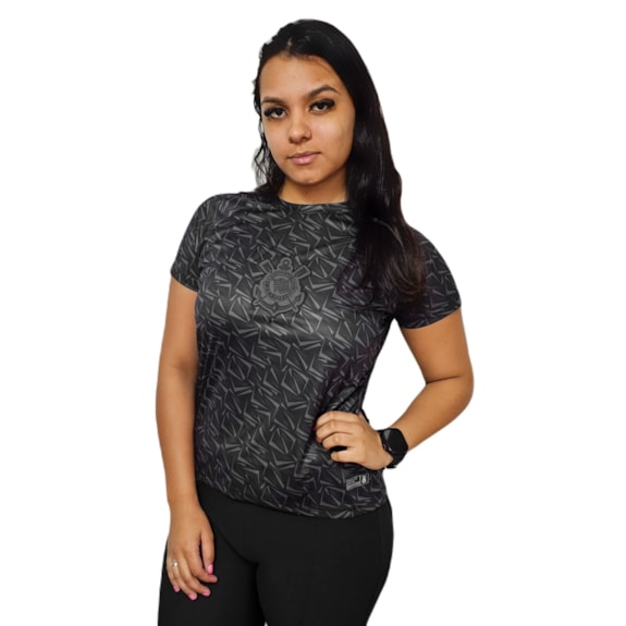 Camisa Corinthians Baby Look Raglan Preta - Feminina