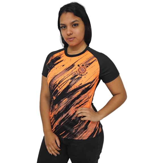 Camisa Corinthians Baby Look Rajados Laranja - Feminina