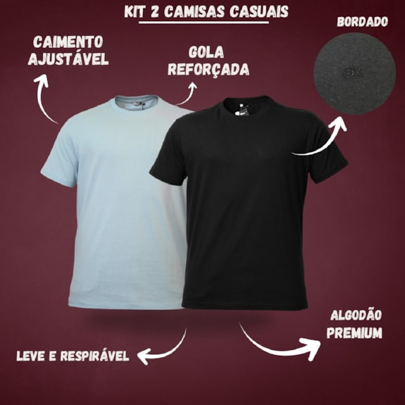 Kit 2 Camisetas Casuais Algodão Bordado Preto e Azul - Masculino