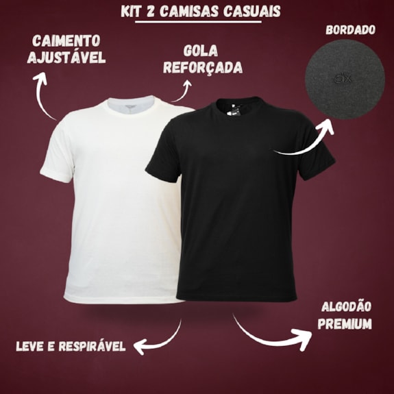 Kit 2 Camisetas Casuais Algodão Bordado Preto e Off White - Masculino