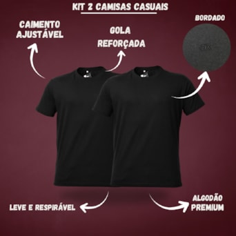 Kit 2 Camisetas Casuais Algodão Bordado Preto - Masculino