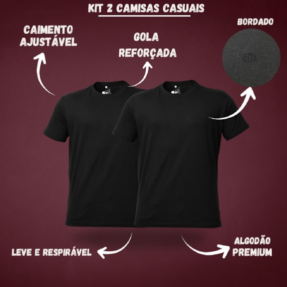 Kit 2 Camisetas Casuais Algodão Bordado Preto - Masculino
