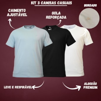 Kit 3 Camisas Casuais Algodão Bordado - Masculino