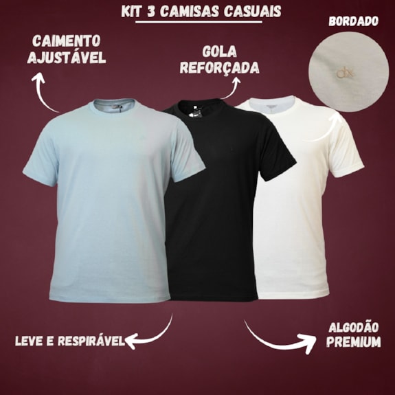 Kit 3 Camisetas Casuais Algodão Bordado - Masculino