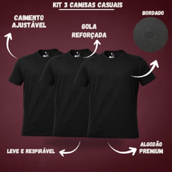 Kit 3 Camisetas Casuais Algodão Bordado Preto - Masculino