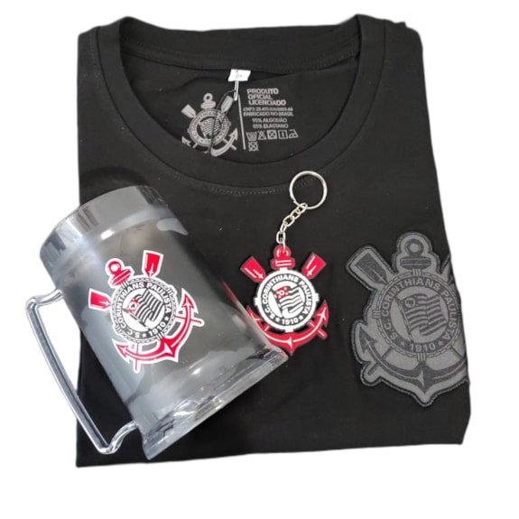 Kit Corinthians Camisa All Black Algodão + Caneca + Chaveiro - Masculino